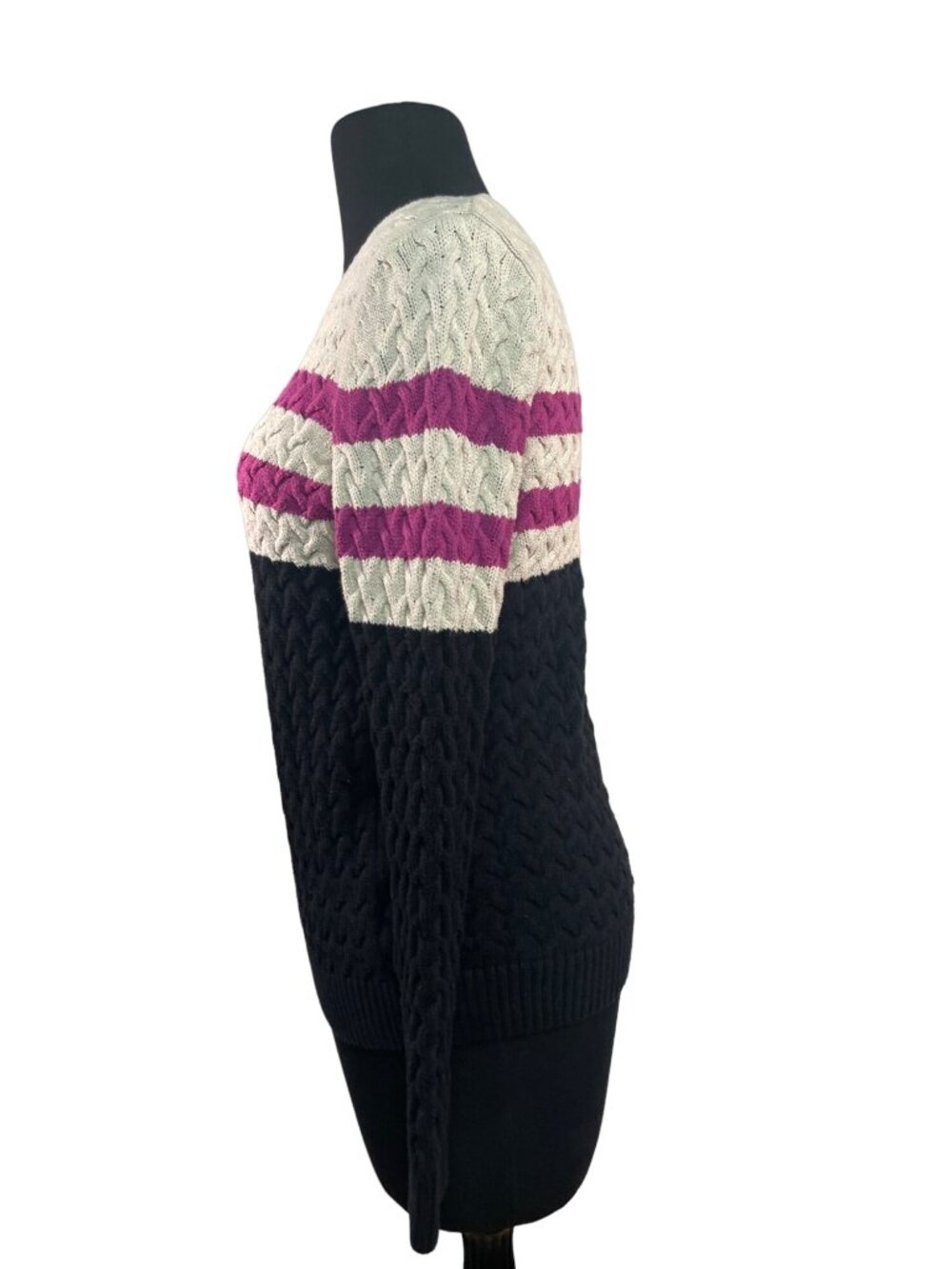 Croft & Barrow Medium Knit Sweater Black Ivory Pink Cable Long Sleeve - Picture 3 of 9